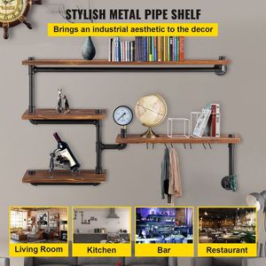 Moderno rustico 4-Tier legno plancia industriale acciaio tubo mensola a parete staffa di stoccaggio per la casa decorazione libreria per - Product Image 2