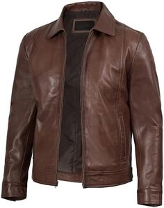 <b>Brown</b> <b>Leather</b> <b>Jacket</b> <b>Men</b> Zip Up Turn Down Collar Moto Biker Style Casual Outerwear Autumn Wear Regular Fit Cotton Lining - Product Image 6