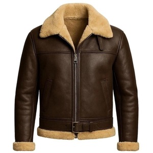 Men's Genuine Leather <b>Bomber</b> <b>Jacket</b> With Faux Fur Lining Zipper Closure Windproof Winter Wear - Product Image 2