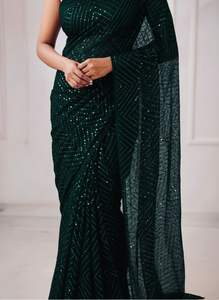 Tissu en soie fine de qualité export, lourd, entièrement brodé de sequins, non cousu, pour blouse et sari - Product Image 5