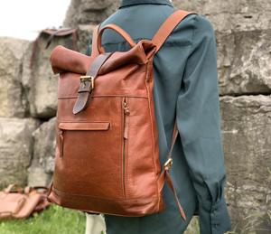 Handcrafted <b>Brown</b> Leather Roll Top <b>Backpack</b> Retro Style Travel Bag Genuine Leather School Rucksack Custom LTBP-0009 - Product Image 3