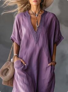 Vestido Kaftan de Lino y Algodón para Mujer, Cuello en V, Adorno de Encaje, Corte Holgado, Vestido Largo con Bolsillos, Ropa Casual de Ocio - Product Image 2
