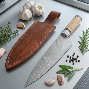 Couteau de chef artisanal forgé en acier Damas moderne, design ambidextre, lame de 8 pouces, épaisseur de 3,0 mm, manche en bois - Product Image 5
