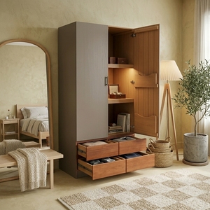 Two Tone Grey Wooden Wardrobe Armoire Solid Teak <b>Storage</b> <b>Cabinet</b> Base Drawers Modern Scandinavian <b>Bedroom</b> Closet Door Organizer - Product Image 5