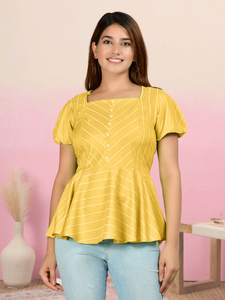 Top Regular Estampado a Rayas de Rayón Color Mostaza, Ropa Casual de Verano para Uso Diario, Venta al por Mayor, Cómoda y Elegante, Ropa de Mujer de Secado Rápido - Product Image 2