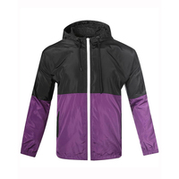 Veste coupe-vent à capuche pour homme, couleur contrastée violet-noir, fermeture éclair, décontractée, légère, en polyester, pour le printemps