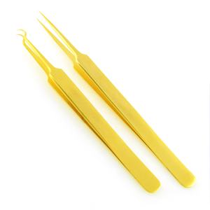 Pinzas de extensión de pestañas doradas con agarre de diamante, punta de fibra de acero inoxidable recta de 90 grados, pestañas perfectas de punta fina afilada - Product Image 6