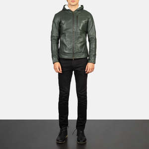Mens Green Leather <b>Jacket</b> With Hood Winter Casual <b>Slim</b> <b>Fit</b> Hooded Leather Coat Olive Green Real Sheepskin Outerwear Plus Size - Product Image 1