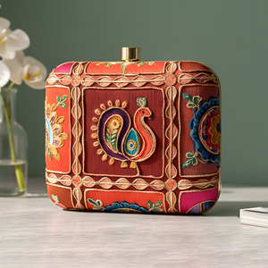 Royal <b>Red</b> Heritage Peacock Embroidered Clutch Bag Elegant Designer Evening <b>Purse</b> for Women Events - Product Image 1