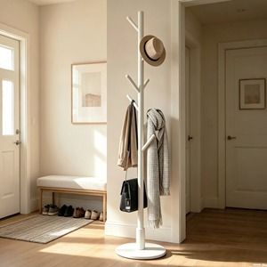 Banc de rangement d'entrée en bois style ferme avec crochets et paniers en osier bleu foncé, porte-manteau pour l'organisation du couloir - Product Image 2
