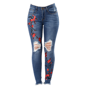 Jeans de mezclilla elásticos ajustados de cintura alta rasgados vintage para mujer, estilo casual y urbano, azules, hasta el tobillo, a la moda - Product Image 3