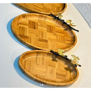 Plateau de service rectangulaire en bois avec poignées dorées en forme de fleur, plateau décoratif en bois, finition noyer de qualité supérieure, plateau pour table basse ou ottoman - Product Image 4