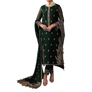 Robe trapèze en organza brodée verte à motif floral pour femme, idéale pour les mariages traditionnels indiens et pakistanais, ou les tenues de soirée. - Product Image 1