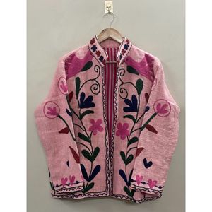 Floral Embroidered Knitted Cotton Autumn Winter <b>Jacket</b> Women Mandarin Collar Full Sleeve Open Front Handmade Design - Product Image 1