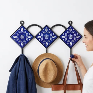 Beads Art Blue Floral Tile Wall <b>Hooks</b> 3-Piece Metal Multifunction Vintage <b>Coat</b> Rack Ceramic <b>Decorative</b> Tiles for Entryway - Product Image 2