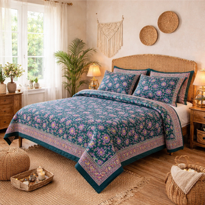 Sábanas de Matrimonio Súper Suaves, Duraderas, Ecológicas, Agradables al Tacto, con Estampado Floral Jaipuri, Hechas a Mano en India, 100% Algodón Premium, 200 Hilos - Product Image 4