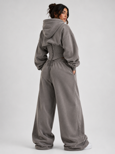Taupe <b>Grey</b> <b>Women's</b> Sculpt Fit Waist Oversized Corset Hoodies Custom Embroidery <b>Tracksuit</b> Winter Cotton Fleece WideLeg Sweatpants - Product Image 3