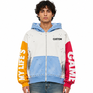 Custom Distressed Color Block Studded Full <b>Zip</b> Hoodie Heavyweight Cotton Printed Oversized Full <b>Zip</b> Hoodies Streetwear Factory - Product Image 1
