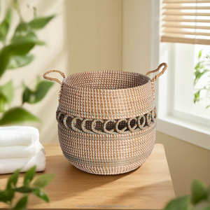 Venta al por mayor cesta de almacenamiento de ratán y plástico redonda tejida a mano con tapa-Organizador de un solo nivel para cocina, lavandería y juguetes - Product Image 2
