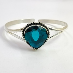 Heart Cuff Bangle Bracelet Sterling Silver Open adjustable Bangle Teal Blue Stone Bezel Setting Fashion Jewelry Supplier - Product Image 2