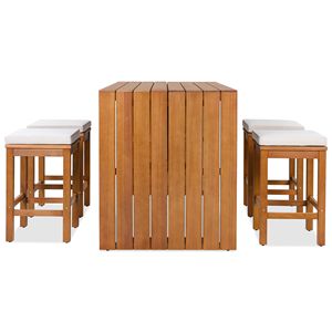 Set da Bar da Esterno in Legno di Acacia a 5 Pezzi: Tavolo Alto da Patio con Quattro Sgabelli e Cuscini, Arredamento da Pranzo per Giardino/Cortile - Product Image 4