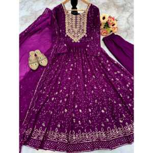Vestido de Fiesta Valam Fashion Morado con Bordado Chikankari y Dupatta, Talla L, Hermoso Vestido de Noche - Product Image 3