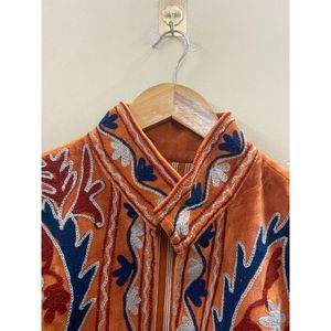 Hand Embroidered <b>Velvet</b> Knitted Cotton <b>Jacket</b> <b>Women</b> Mandarin Collar Full Sleeve Floral Pattern Open Front Prairie Winter/Spring - Product Image 3