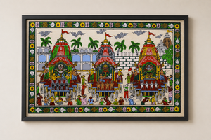 Peinture traditionnelle artisanale Pattachitra sur bois rectangulaire, représentant le défilé de Jagannath, pour la décoration intérieure du salon. - Product Image 2