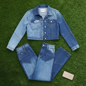<b>Women</b> Blue Denim <b>Cropped</b> Jacket Patchwork <b>Jeans</b> Set High Waist Wide Leg Pants Two Piece Casual Denim Outfit Wholesale - Product Image 6
