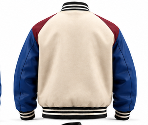 Chaqueta Varsity Tricolor para Hombre al por Mayor, Color Blanco Hueso, con Mangas de Cuero Azul, Dobladillo y Puños a Rayas, OEM - Product Image 2