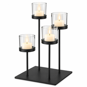 Modern Black Metal Candle <b>Holder</b> Set 4 Glass <b>Tealight</b> <b>Holders</b> Square Base Tabletop Home Decoration Minimalist Design - Product Image 1