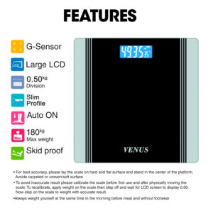 เครื่องชั่งน้ำหนักดิจิตอล VENUS EPS-1199 SILVER ความแม่นยำสูง รับน้ำหนักได้ 180 กก. หน้าจอ LCD กระจกนิรภัย ใช้พลังงานจากแบตเตอรี่ ทนทาน พกพาสะดวก สำหรับใช้ในบ้าน - Product Image 3