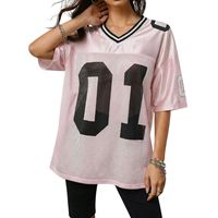 Maillot de football américain rose clair à col en V avec bordure contrastante en tissu mesh respirant – Vêtements de sport et chemises de mode streetwear pour femmes