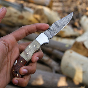 Cuchillos Plegables Personalizados Hechos a Mano de Acero de Damasco de Alta Calidad con Punta Caída y Hoja Recta, Mango de Cuerno y Madera de Palisandro, Cuchillo de Bolsillo - Product Image 2