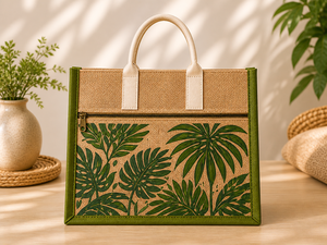 Bolsa de Yute Laminada Personalizada con Estampado de Hojas Tropicales, Ecológica, Reutilizable, con Bolsillo con Cremallera, Asa de Algodón, Resistente, para Exposiciones, Amani - Product Image 2