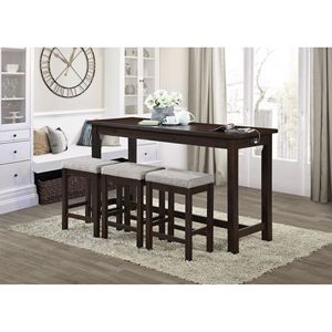 4pc Espresso Finish Counter Height Dining <b>Set</b> USB Ports Power Outlets 3 Casual <b>Stools</b> Built-in Drawer <b>Table</b> Convenient Features - Product Image 1