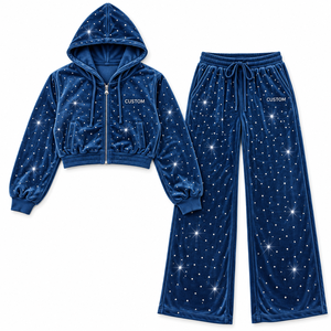 Ensemble de survêtement en velours bleu pour femme, personnalisé, avec strass, comprenant un sweat à capuche court zippé et un pantalon large, orné de diamants scintillants, deux pièces, vente en gros - Product Image 3