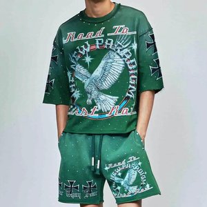 Ensembles chemises et shorts pour hommes, personnalisés avec logo imprimé, effet délavé, vert, pour streetwear, vêtements d'été pour hommes, respirants - Product Image 1