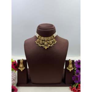 Indian Ethnic Diya <b>Antique</b> <b>Gold</b> Brass Choker Necklace Set for Women Hinduism - Product Image 2