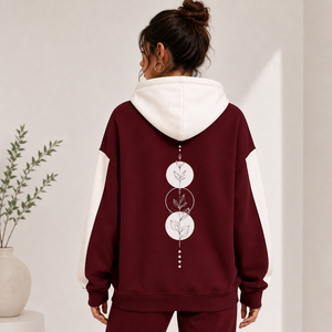 <b>Women's</b> Maroon Hooded <b>Sweatshirt</b> With <b>White</b> Sleeve Color Blocking Front Pocket Print Regular Fit Knitted Cotton Autumn Wear - Product Image 2