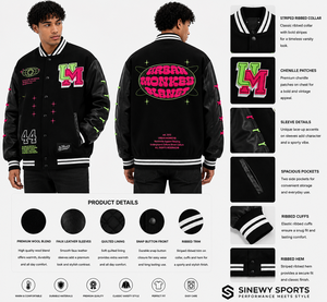 Chaqueta Varsity para Hombre SINEWY SPORTS, Negra, con Mangas de Cuero Sintético, Diseño de Parches de Chenilla, Cierre de Botones a Presión, Estilo Urbano - Product Image 1