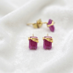 Ratnarachit Artisan Women's Square Ruby <b>Stud</b> <b>Earrings</b> Hand Wrapped Gold Wire 6x4mm Minimalist Gift - Product Image 2