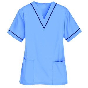 Blouse médicale pour femme, col en V, manches courtes, bleu clair, uniforme d'infirmière d'hôpital avec bordure marine, deux poches - Product Image 1