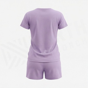 Ensemble 2 pièces pour femmes, t-shirt à manches courtes et short imprimé floral, col rond, au-dessus du genou, vêtements décontractés, printemps été, couleur lavande - Product Image 2
