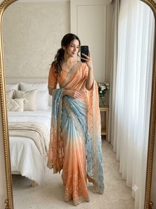 Exclusive Fendy <b>Satin</b> Soft <b>Saree</b> 3MM Sequence Border All Jhal Embroidery Lace Border Latkan Stitched Blouse Wrinkle Free Quick - Product Image 4