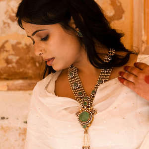 Fancy Gajaah 925 Sterling Silver Majestic Nizami Style Collar <b>Necklace</b> With Emerald, <b>Pearl</b> And Polki Diamond Bridal <b>Set</b> - Product Image 3