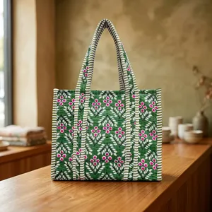 Sac fourre-tout en coton vert à panneaux avec broderie, style bohème, ouverture supérieure, sac de shopping pour toutes les saisons - Product Image 1
