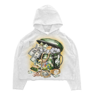 Sudadera Corta Blanca para Hombre, Corte Regular, 100% Algodón, Estampado Digital con Gráfico de Bote de Basura de Dinero, Estilo Hip Hop Urbano - Product Image 1