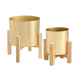 Ensemble de pots à plantes en métal doré luxueux et tendance avec support en bois naturel, pot de plante décoratif moderne pour salon, balcon, bureau - Product Image 1