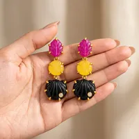 Boucles d'oreilles pendantes tendance pour femmes, en pierres précieuses naturelles (jade, onyx), forme feuille, ovale, coquillage, laiton plaqué or, bijoux